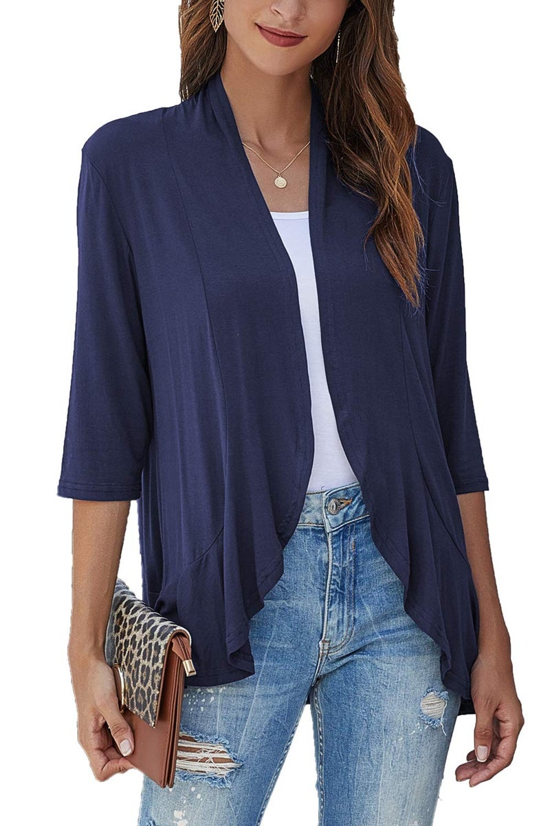Bluetime Women Casual Lightweight Open Front Cardigans Soft Draped Ruffles 3/4 Sleeve Cardigan (XXXL, Navy Blue) - Image 1
